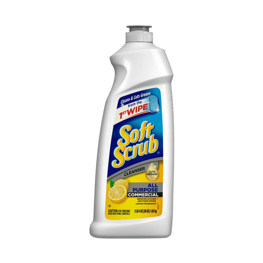 Soft Scrub lemon-scented all-purpose cleanser bottle with blue label and lemon graphic