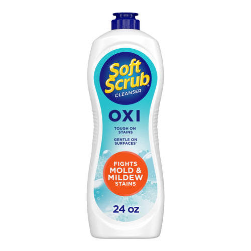 White Soft Scrub OXI cleanser bottle with blue cap and label reading 'Fights Mold & Mildew Stains' on white background