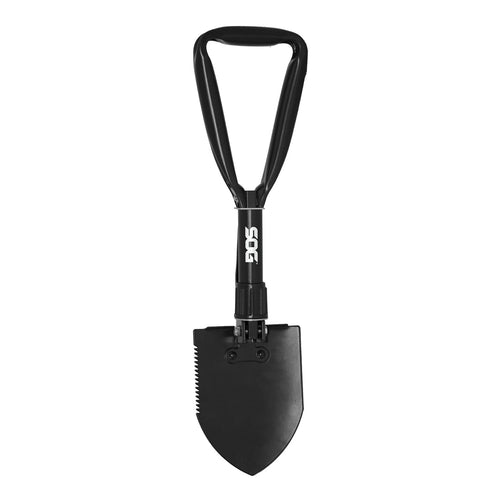 Full view of a black SOG folding entrenching tool with triangular D-handle and pointed shovel blade