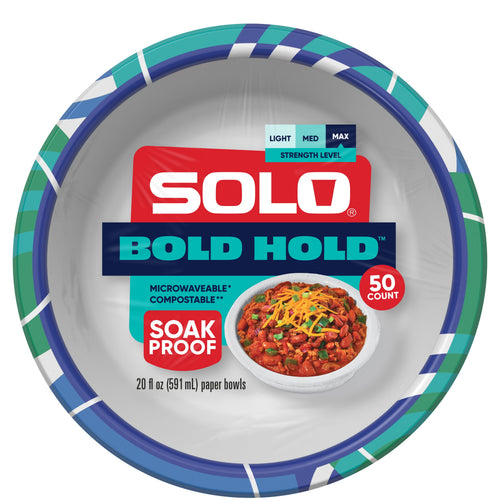 Close-up top view of SOLO Bold Hold paper bowl label with soak proof and 50 count callouts