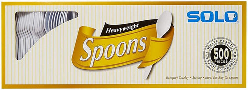 Solo Heavyweight disposable plastic spoons in yellow-striped retail box with a clear window and 500 pieces badge