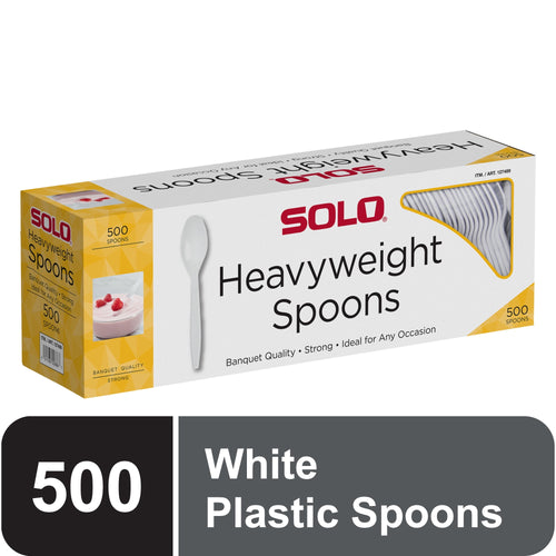 Solo branded heavyweight white plastic spoons box shown at an angle with product window and large text reading 'Heavyweight Spoons'.