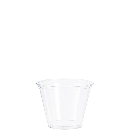 Clear Solo Party disposable plastic cup shown on white background, tapered 9 oz style