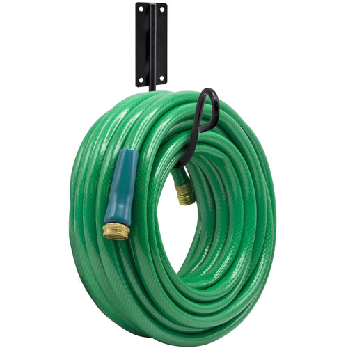 Black metal wall-mounted hose holder installed with a green garden hose looped around it on a white background.