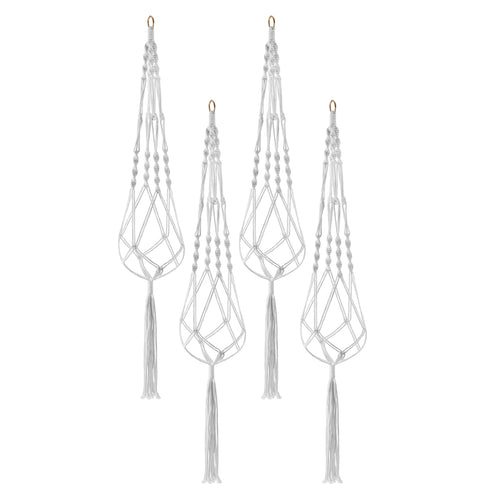 Four white macrame plant hangers with braided details and tassels shown on a white background