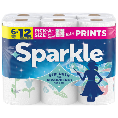 Clear front-facing Sparkle paper towel pack with visible rolls and blue label featuring fairy silhouette and brand name.