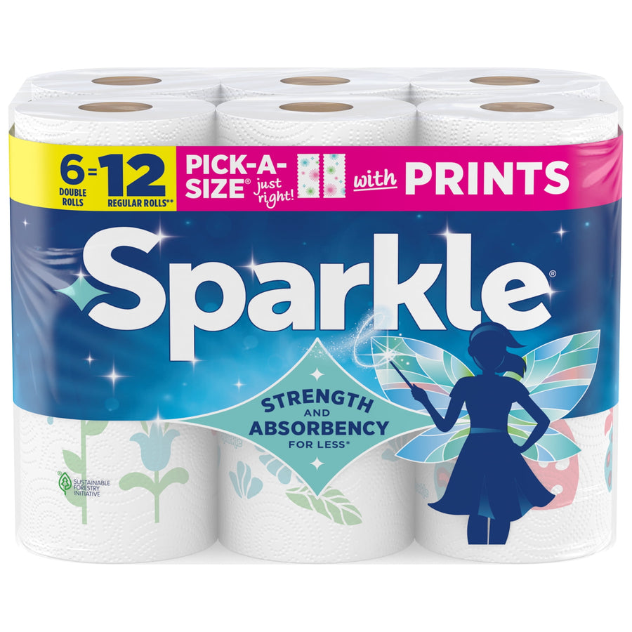 Clear front-facing Sparkle paper towel pack with visible rolls and blue label featuring fairy silhouette and brand name.