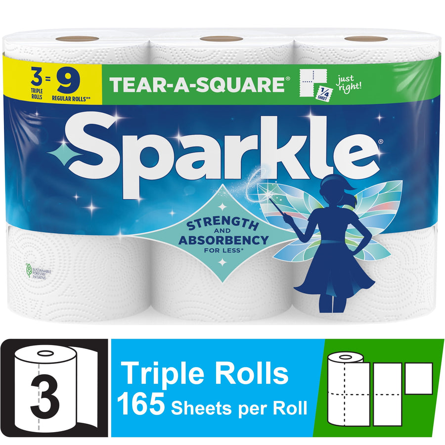 Packaged Sparkle Tear-A-Square paper towels three-roll pack with blue branding and fairy silhouette on wrap