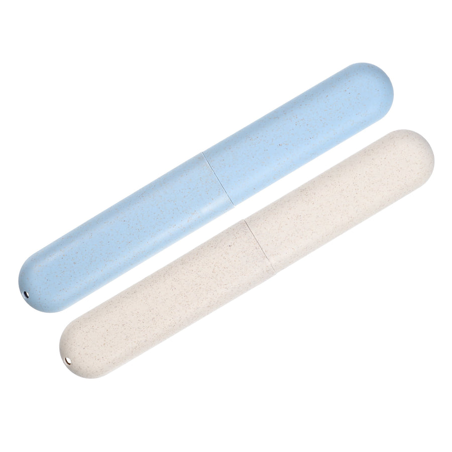 Two cylindrical toothbrush travel cases in speckled blue and beige, shown flat on white background