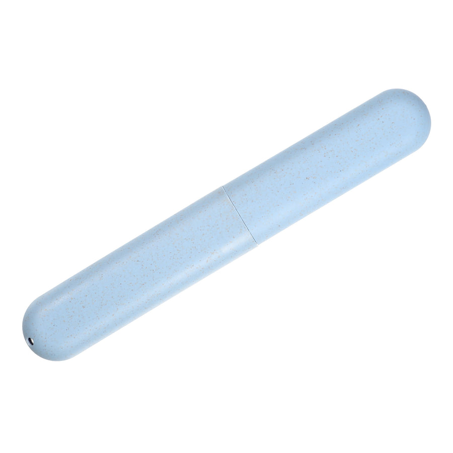 Slim speckled light-blue hard plastic travel toothbrush case on white background