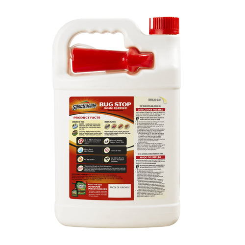Rear view of a white Spectracide Bug Stop Home Barrier one-gallon jug showing the product facts and directions label