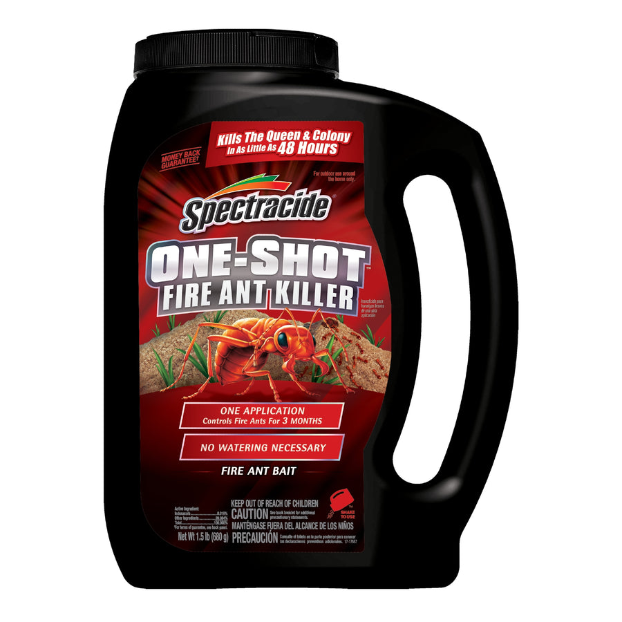 Black jug of Spectracide One-Shot Fire Ant Killer with red label showing an ant illustration and product claims.