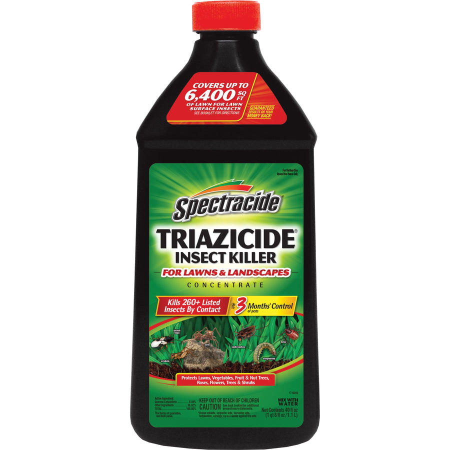 Black bottle of Spectracide Triazicide concentrate with green label and red cap, product branding and insect graphics visible