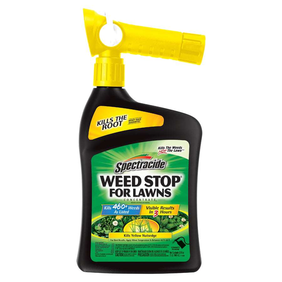 Bottle of Spectracide Weed Stop for Lawns ready-to-spray with yellow hose-end sprayer attached, product label visible