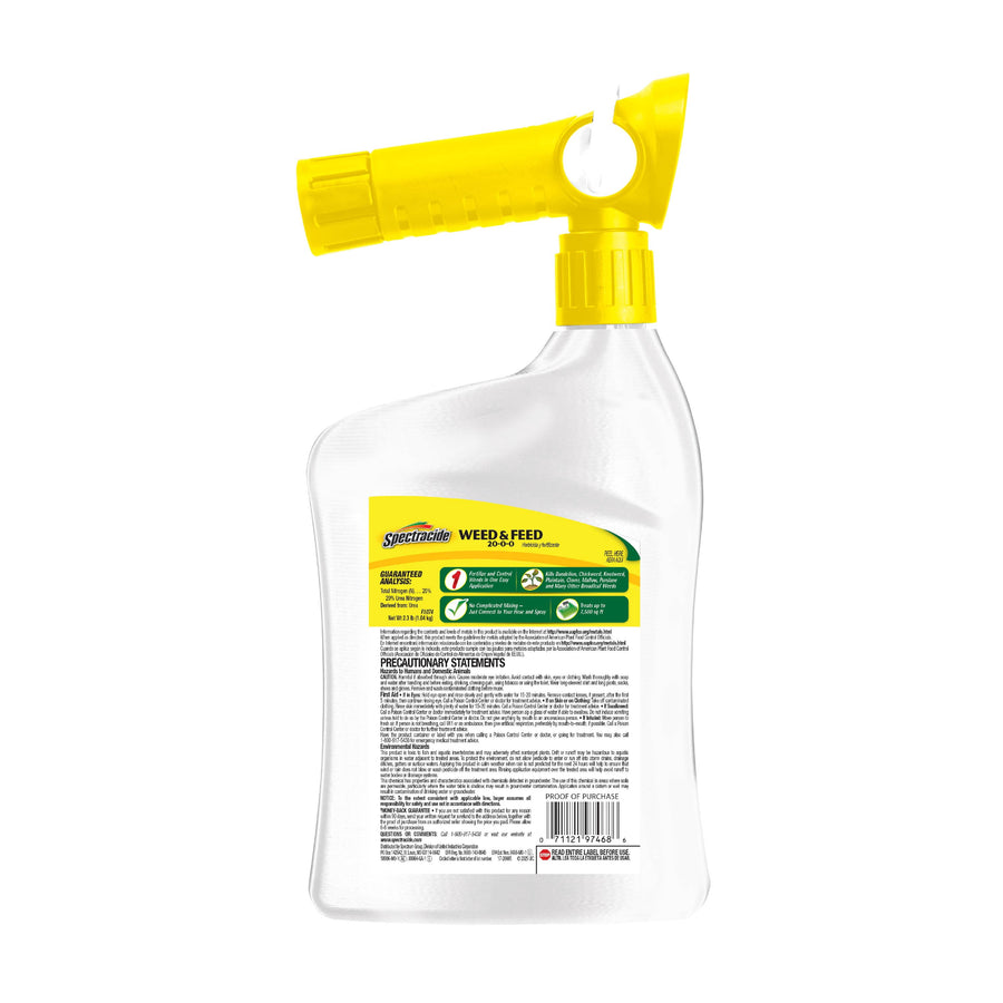 White Spectracide spray bottle shown from the back with a yellow QuickFlip sprayer and detailed precautionary label