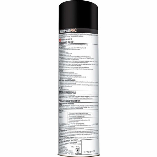 Rear view of an aerosol can showing SpectracidePRO directions, storage, precautionary statements and barcode area
