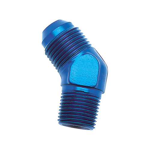Blue anodized 45-degree threaded adapter fitting, angled male-to-male speed-style connector