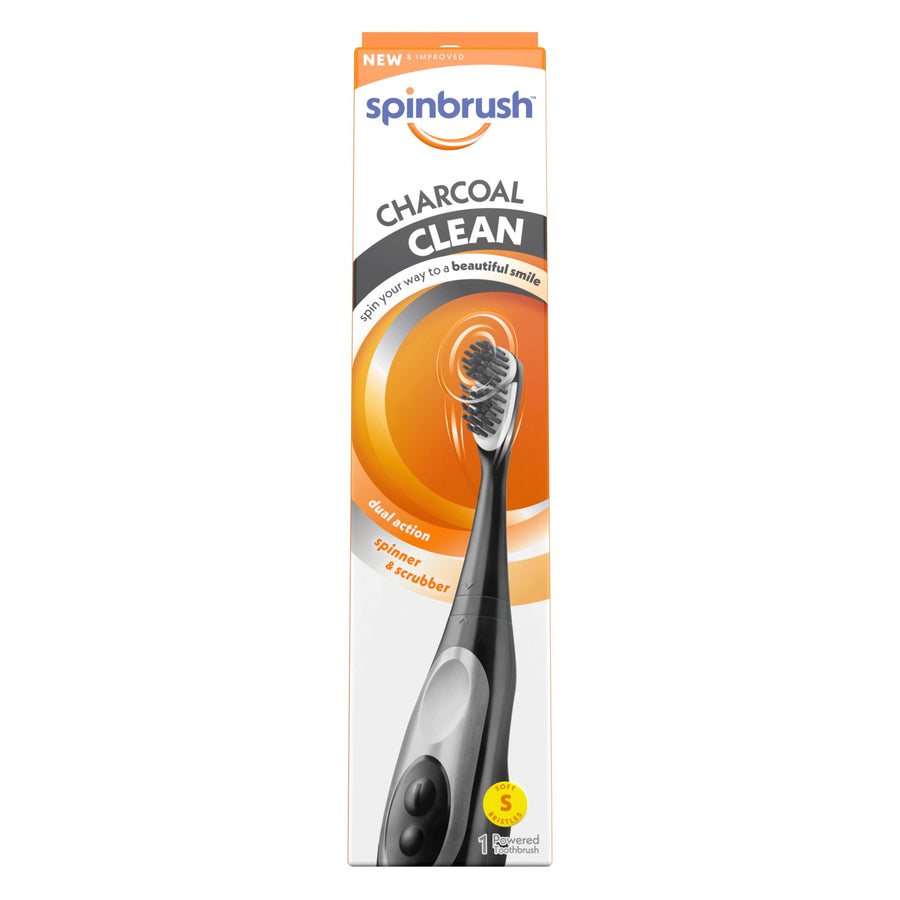 Tall product box showing Spinbrush Charcoal Clean electric toothbrush packaging with charcoal-gray brush image