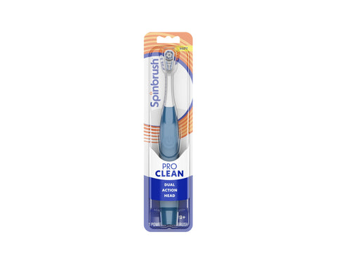Spinbrush Pro Clean battery-powered electric toothbrush in blue retail blister pack