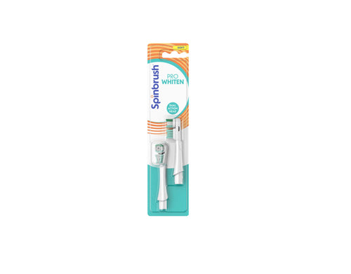 Blister pack of Spinbrush Pro Whiten replacement electric toothbrush heads with visible branding and two heads inside