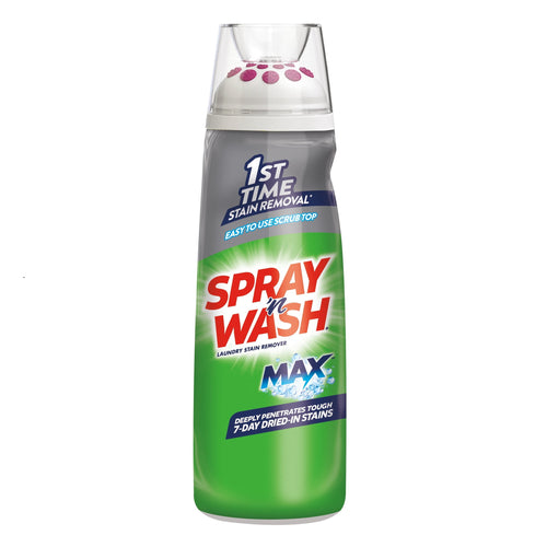 Bottle of Spray n Wash Max gel stick with scrub top, green label and red logo on white background