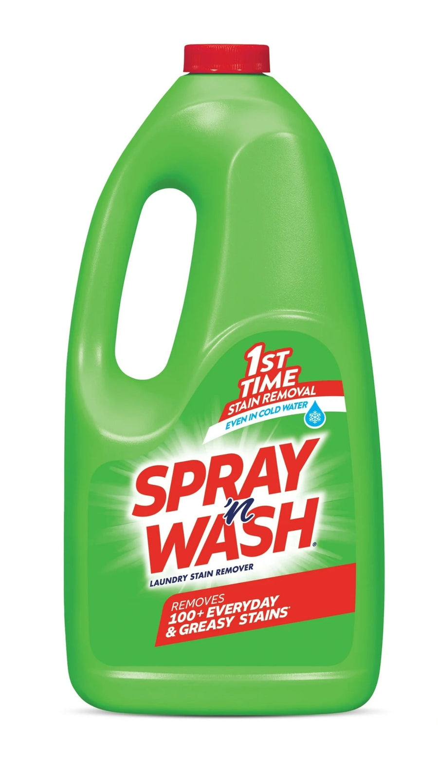Single tall green Spray 'n Wash refill bottle with red cap and large logo label for laundry stain removal