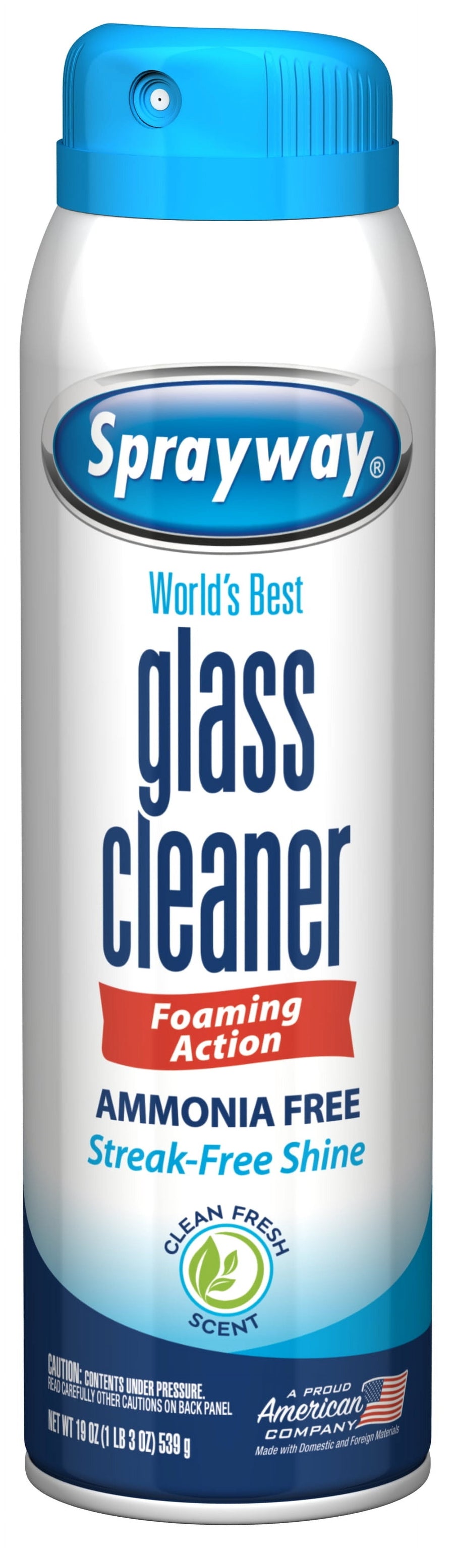 Close-up frontal product shot of a Sprayway glass cleaner aerosol can with blue cap and label