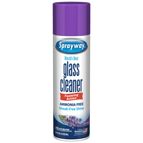 Tall aerosol can of Sprayway glass cleaner with purple cap and lavender graphics on a white background