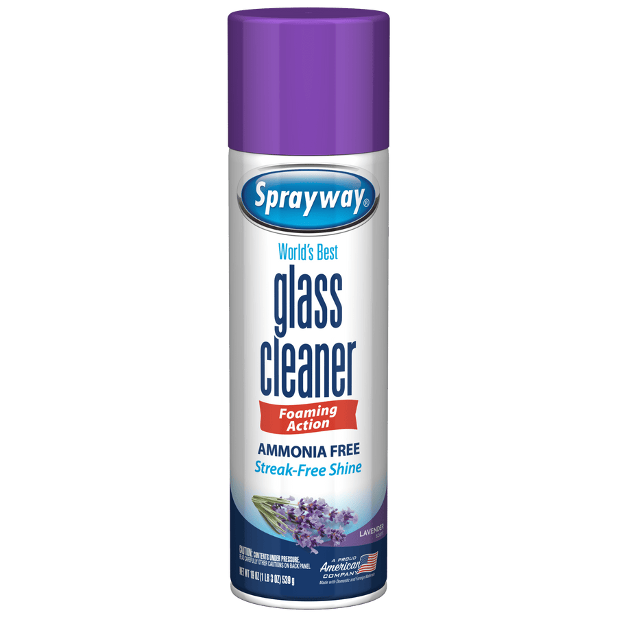 Tall aerosol can of Sprayway glass cleaner with purple cap and lavender graphics on a white background