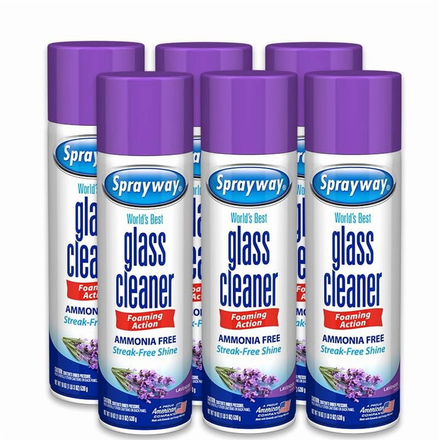Six Sprayway foaming glass cleaner aerosol cans with purple caps arranged in a group, lavender graphic on label.