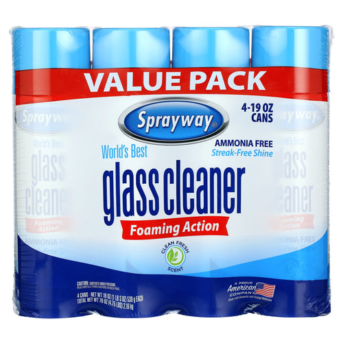 Shrink-wrapped value pack of four Sprayway glass cleaner cans with blue caps and 'Value Pack' banner