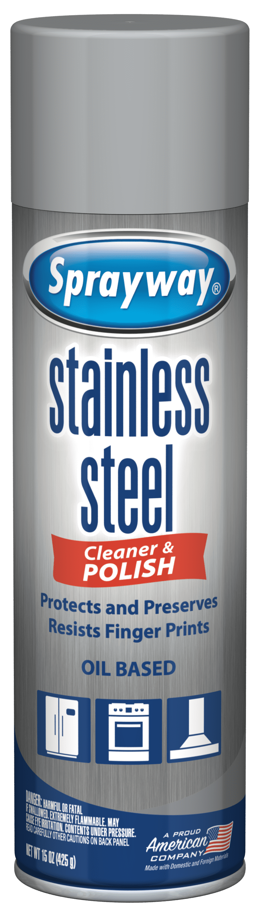 Close-up front view of a Sprayway stainless steel cleaner & polish aerosol can with visible label artwork