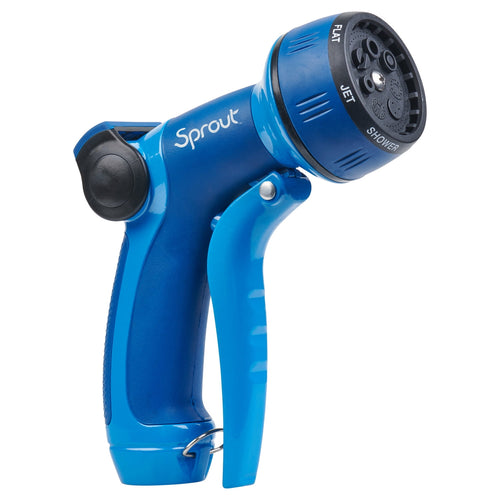 Close-up of a blue Sprout front-trigger metal garden hose nozzle on a white background, showing the dial and trigger.