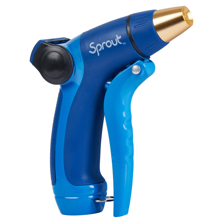 Close-up of a blue Sprout metal front-trigger adjustable garden hose nozzle on white background.