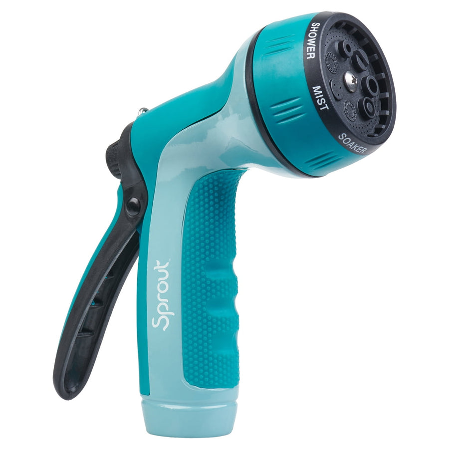 Close-up studio view of a teal Sprout rear-trigger garden hose nozzle showing grip and dial