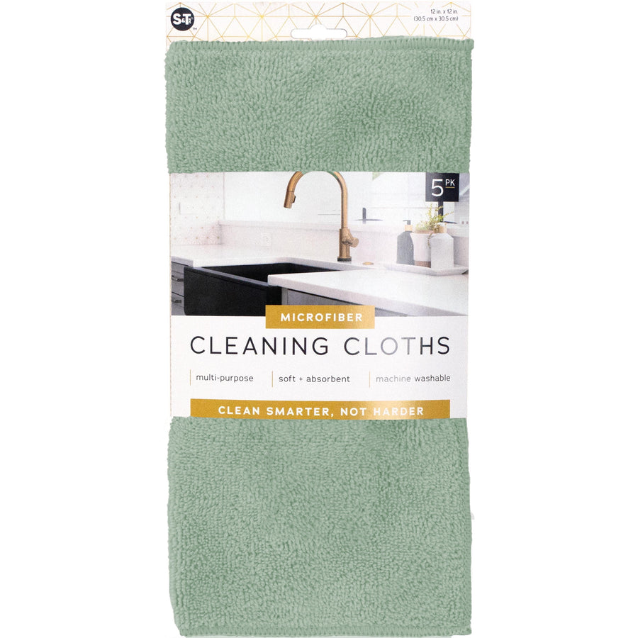 Packaged S&T microfiber cleaning cloth with kitchen sink photo on the label and sage-green cloth visible