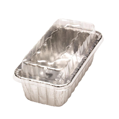 Stacked aluminum mini loaf pans with a clear plastic clamshell lid, photographed on white background