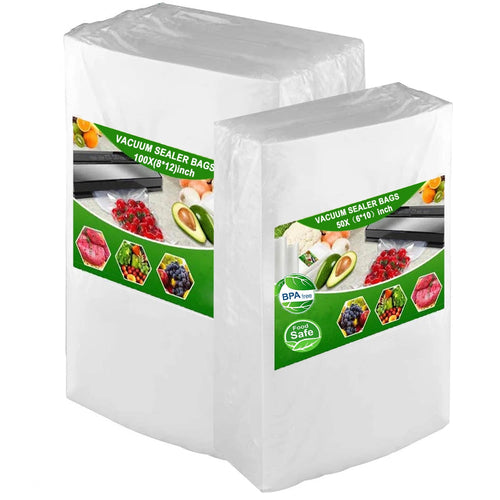 Two wrapped stacks of clear vacuum sealer bags with green product labels showing food images and BPA-free icons