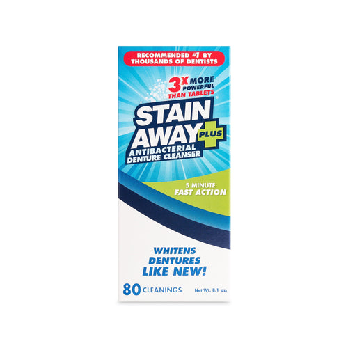 Front-facing box of Stain Away Plus antibacterial denture cleanser with bold blue label