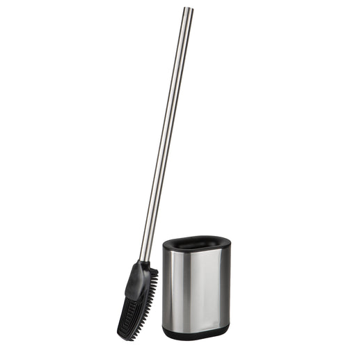 Stainless steel toilet brush with long handle and oval satin metal holder, black rubber brush head visible