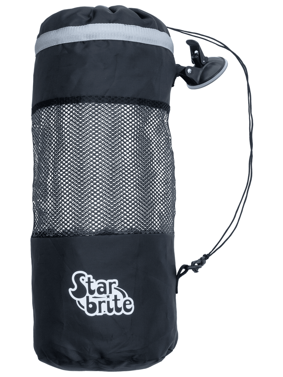 Black Star brite mesh trash bag with drawstring top, suction-cup clip and visible logo on lower pocket