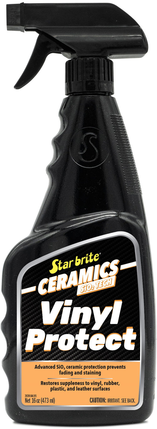 Close-up studio photo of a black Star brite Ceramics Vinyl Protect spray bottle with visible front label