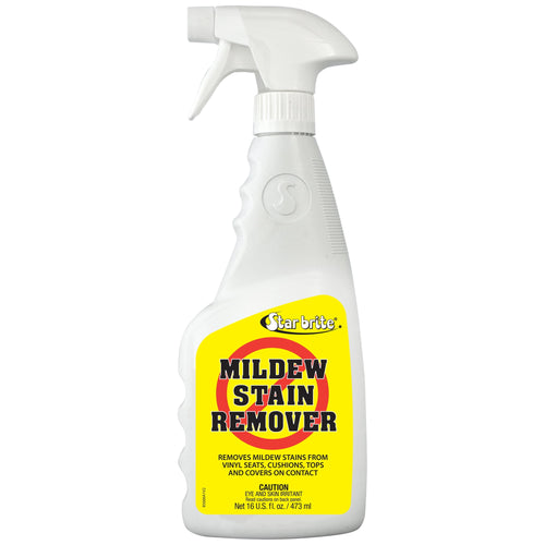 White spray bottle with yellow Star brite label reading 'Mildew Stain Remover' on front