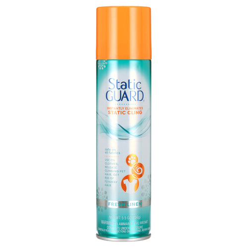 Static Guard anti-static spray can with orange cap and teal Fresh Linen label on white background