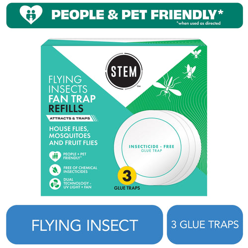 STEM branded box showing flying insects fan trap refills, three round glue pads and product benefits on teal packaging.