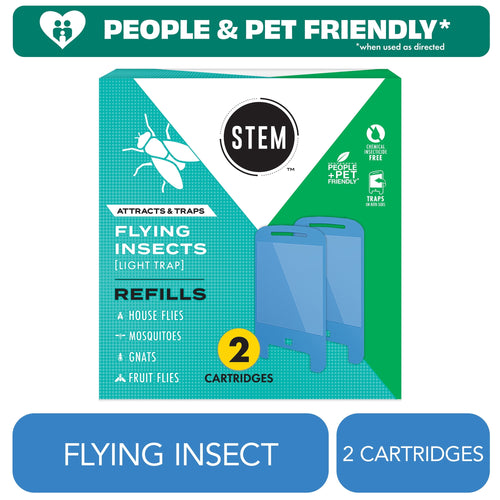 STEM branded turquoise and green product box for flying insect light trap refills showing two blue cartridges and '2 cartridges' badge