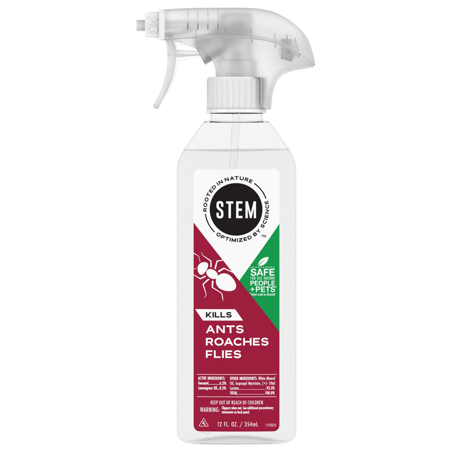 White STEM spray bottle labeled “Kills Ants Roaches Flies” with trigger spray and product label