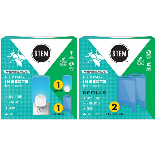 stem flying insects light trap device box with one device and one cartridge next to refills box with two cartridges