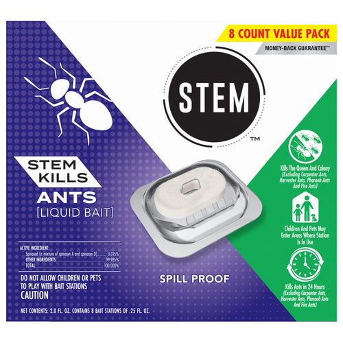 Front-facing STEM boxed package for liquid ant bait showing spill-proof bait station, STEM logo, and 8 count value callout