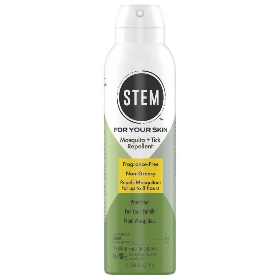 Tall frontal product shot of STEM Mosquito + Tick Repellent aerosol can showing label and net weight